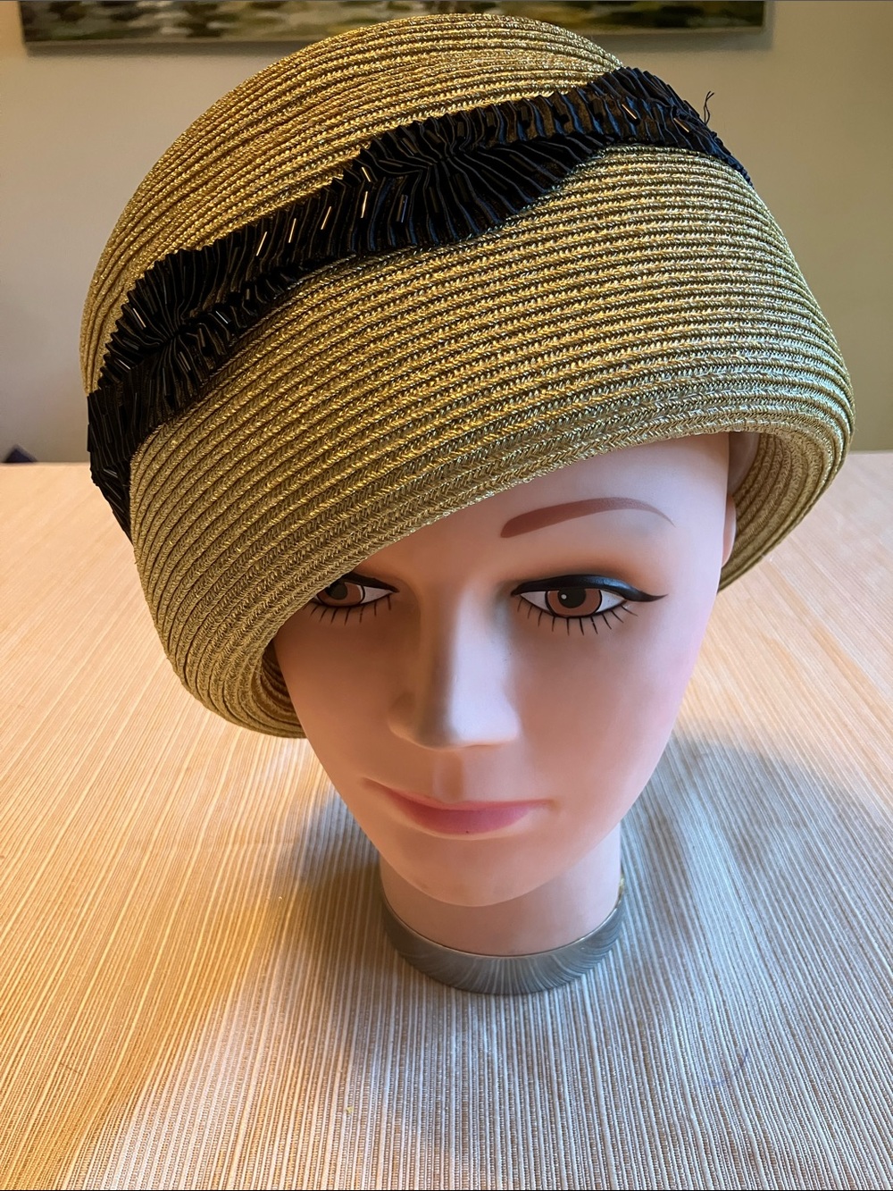 Classic Metallic Gold Straw Cloche Hat with Black Beaded Trim